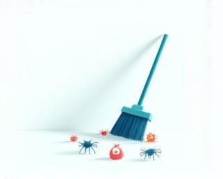 Illustration of broom sweeping away digital bugs
